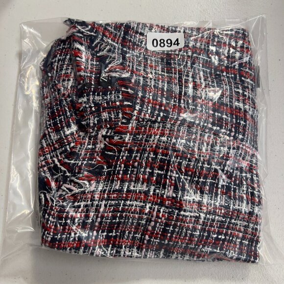 ZARA Tweed Plaid Top with Navy Sheer Chiffon Sleeves Size L - Picture 9 of 10